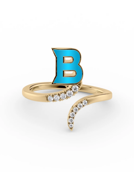 Turquoise B 14K Yellow Gold Initial Letter Dainty Ring