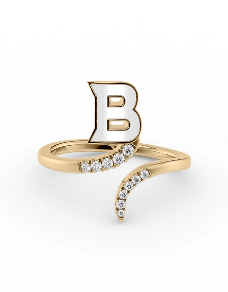White B 14K Yellow Gold Initial Letter Dainty Ring