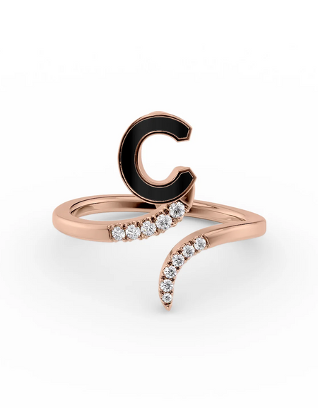 Black C 14K Rose Gold Initial Letter Dainty Ring