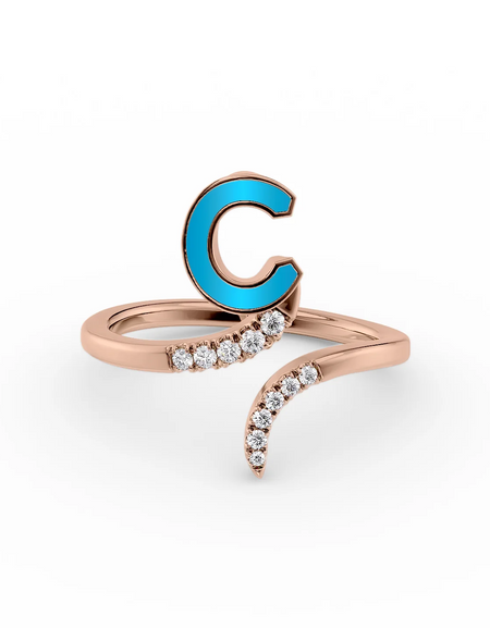 Turquoise C 14K Rose Gold Initial Letter Dainty Ring