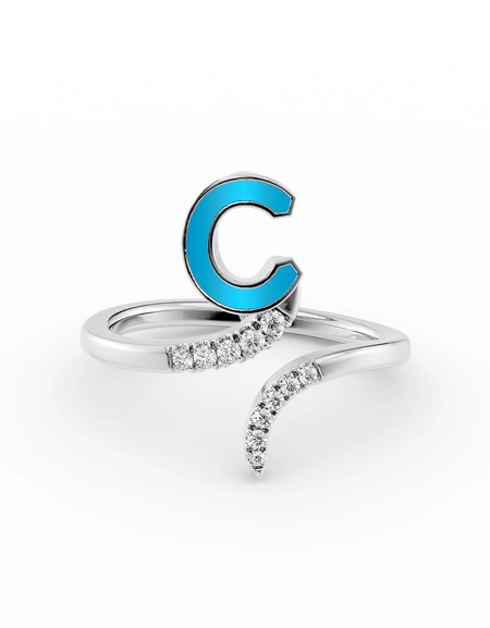 Turquoise C 14K White Gold Initial Letter Dainty Ring