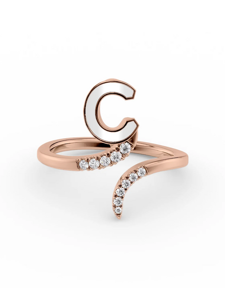 White C 14K Rose Gold Initial Letter Dainty Ring