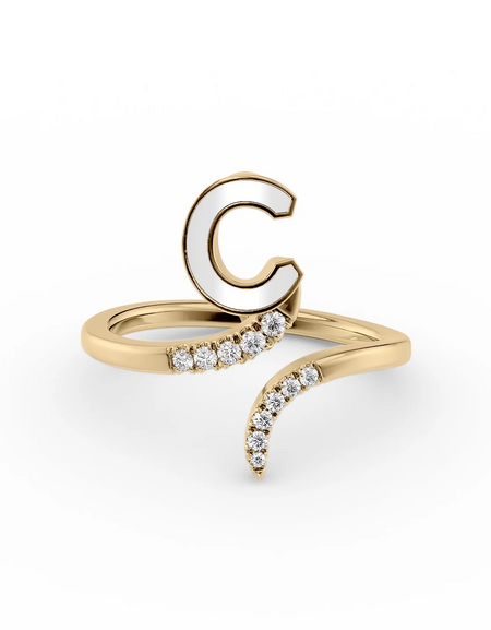 White C 14K Yellow Gold Initial Letter Dainty Ring