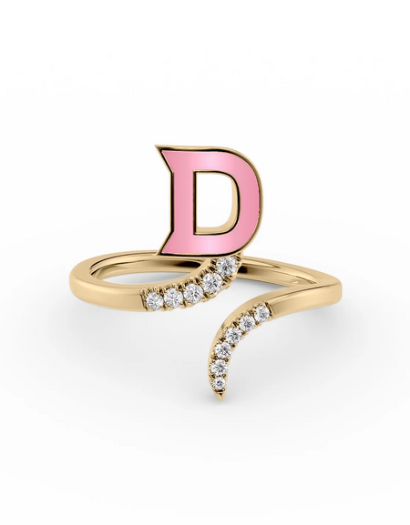 Pink D 14K Yellow Gold Initial Letter Dainty Ring