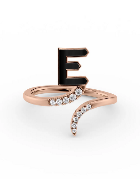 Black E 14K Rose Gold Initial Letter Dainty Ring