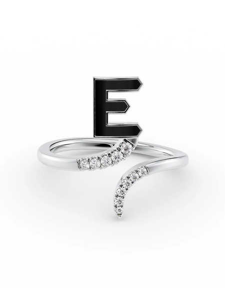 Black E 14K White Gold Initial Letter Dainty Ring