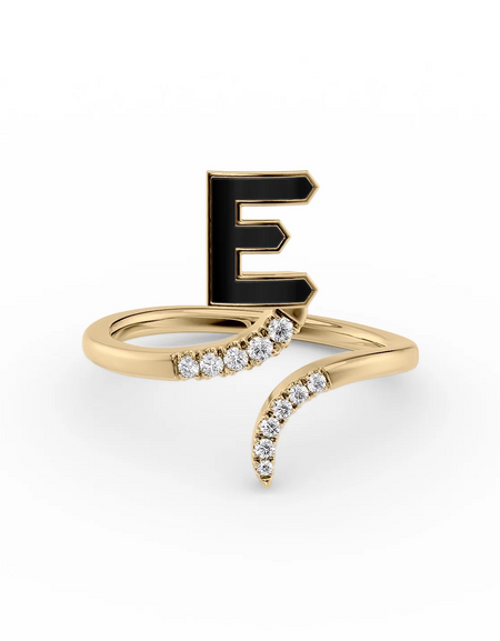 Black E 14K Yellow Gold Initial Letter Dainty Ring