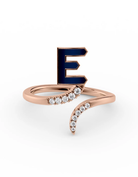 Blue E 14K Rose Gold Initial Letter Dainty Ring