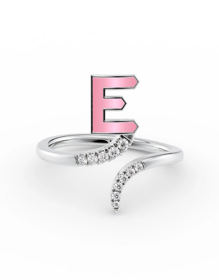 Pink E 14K White Gold Initial Letter Dainty Ring