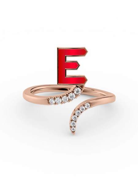 Red E 14K Rose Gold Initial Letter Dainty Ring