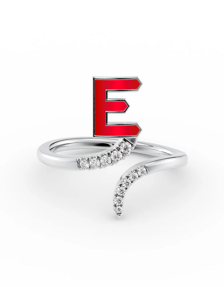 Red E 14K White Gold Initial Letter Dainty Ring