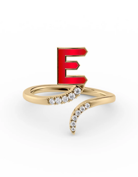 Red E 14K Yellow Gold Initial Letter Dainty Ring