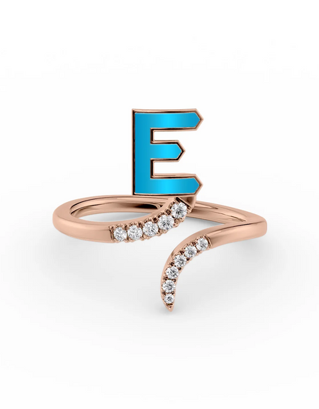 Turquoise E 14K Rose Gold Initial Letter Dainty Ring