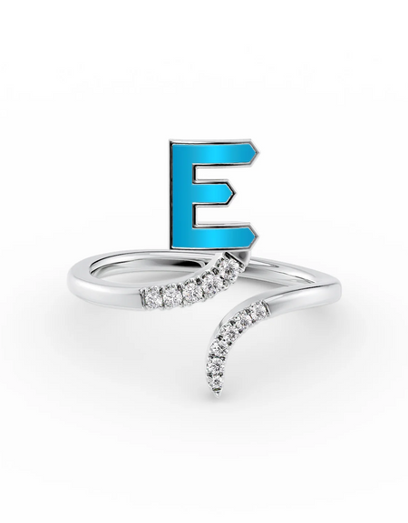 Turquoise E 14K White Gold Initial Letter Dainty Ring