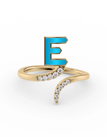 Turquoise E 14K Yellow Gold Initial Letter Dainty Ring