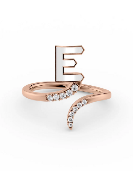 White E 14K Rose Gold Initial Letter Dainty Ring