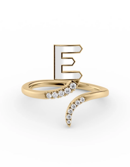 White E 14K Yellow Gold Initial Letter Dainty Ring