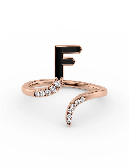 Black F 14K Rose Gold Initial Letter Dainty Ring