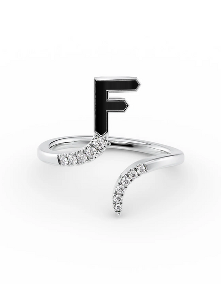 Black F 14K White Gold Initial Letter Dainty Ring