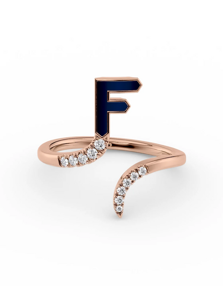 Blue F 14K Rose Gold Initial Letter Dainty Ring
