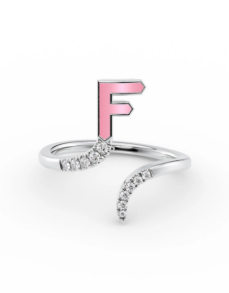 Pink F 14K White Gold Initial Letter Dainty Ring