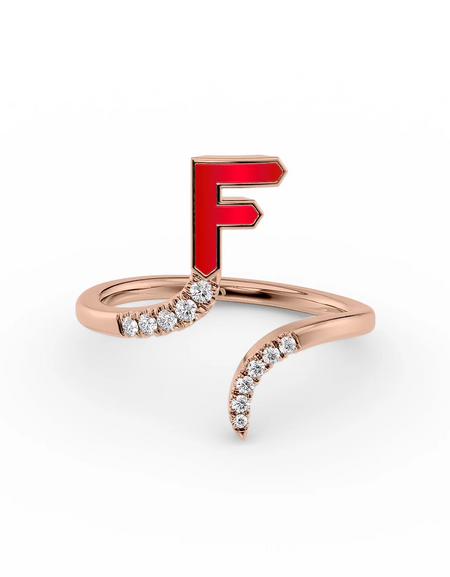 Red F 14K Rose Gold Initial Letter Dainty Ring