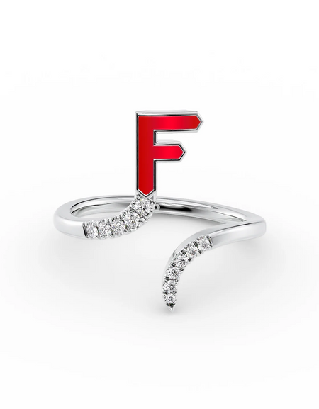 Red F 14K White Gold Initial Letter Dainty Ring