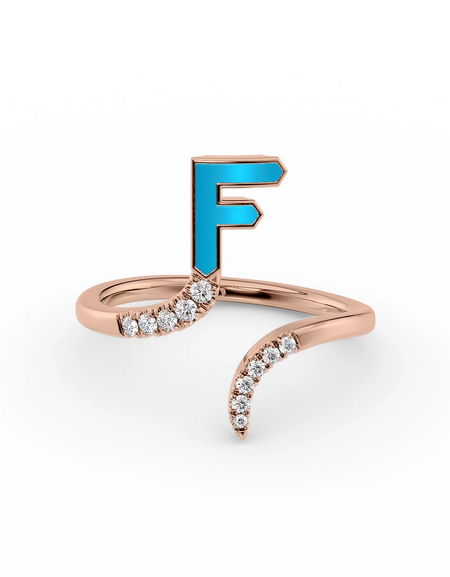 Turquoise F 14K Rose Gold Initial Letter Dainty Ring