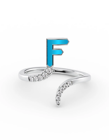 Turquoise F 14K White Gold Initial Letter Dainty Ring