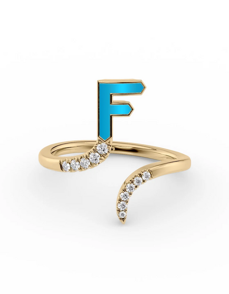 Turquoise F 14K Yellow Gold Initial Letter Dainty Ring