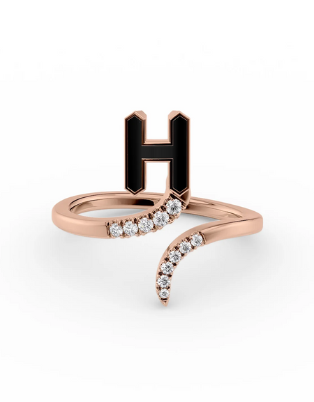 Black H 14K Rose Gold Initial Letter Dainty Ring