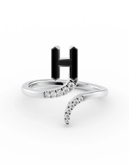 Black H 14K White Gold Initial Letter Dainty Ring