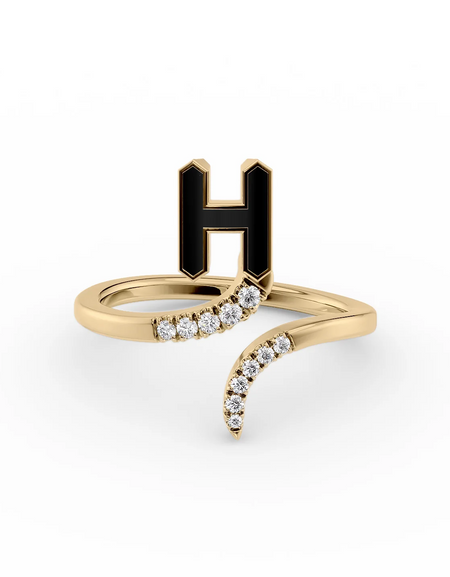 Black H 14K Yellow Gold Initial Letter Dainty Ring