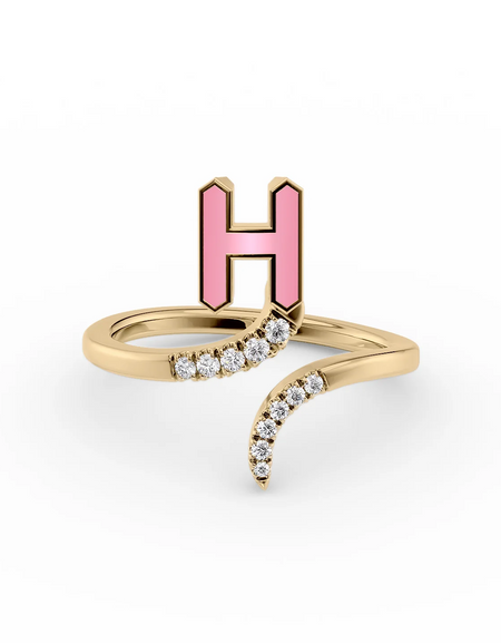 Pink H 14K Yellow Gold Initial Letter Dainty Ring