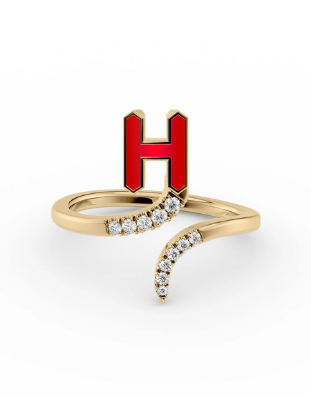 Red H 14K Yellow Gold Initial Letter Dainty Ring
