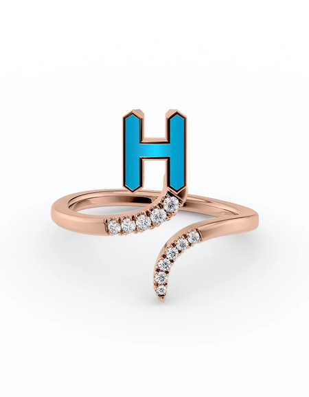 Turquoise H 14K Rose Gold Initial Letter Dainty Ring