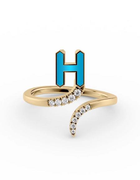 Turquoise H 14K Yellow Gold Initial Letter Dainty Ring