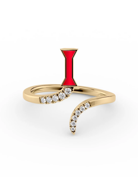 Red I 14K Yellow Gold Initial Letter Dainty Ring