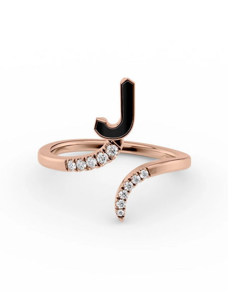Black J 14K Rose Gold Initial Letter Dainty Ring