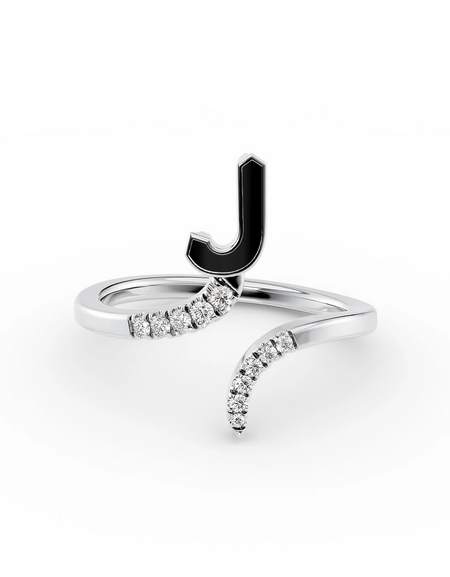 Black J 14K White Gold Initial Letter Dainty Ring