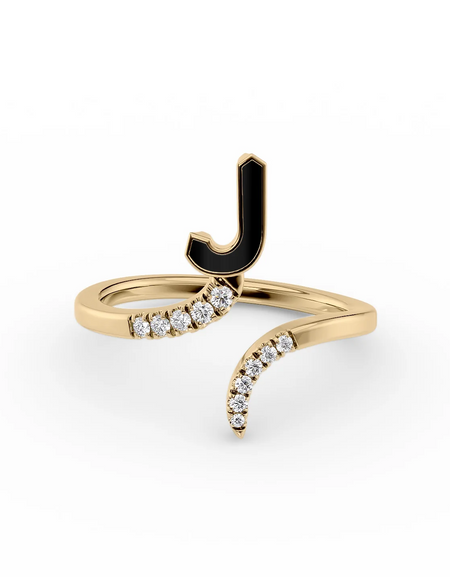 Black J 14K Yellow Gold Initial Letter Dainty Ring