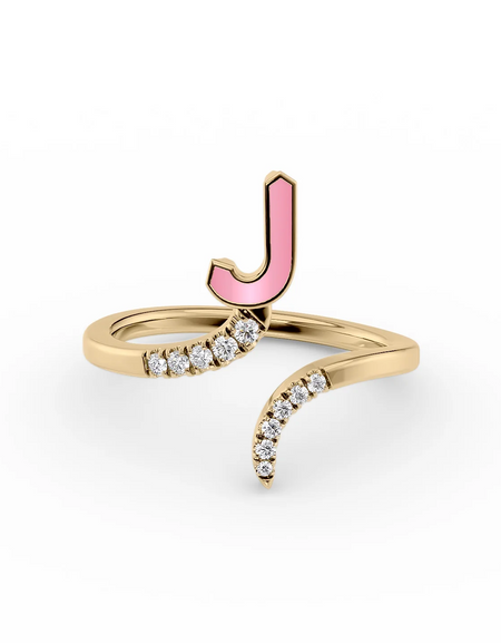 Pink J 14K Yellow Gold Initial Letter Dainty Ring