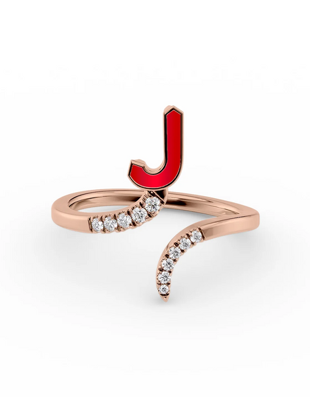 Red J 14K Rose Gold Initial Letter Dainty Ring