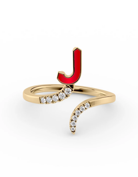 Red J 14K Yellow Gold Initial Letter Dainty Ring