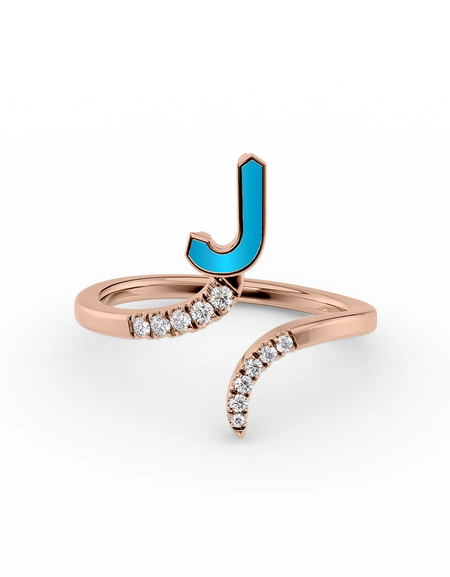 Turquoise J 14K Rose Gold Initial Letter Dainty Ring