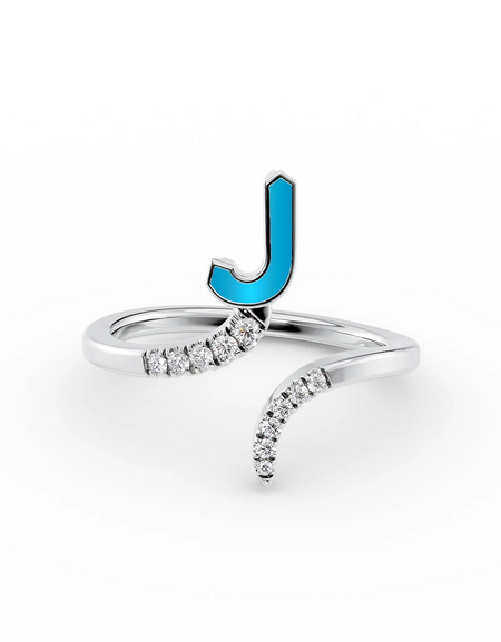 Turquoise J 14K White Gold Initial Letter Dainty Ring
