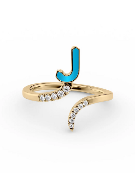 Turquoise J 14K Yellow Gold Initial Letter Dainty Ring