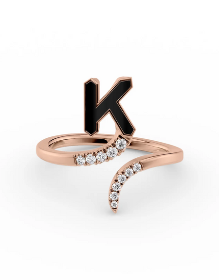 Black K 14K Rose Gold Initial Letter Dainty Ring