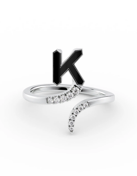 Black K 14K White Gold Initial Letter Dainty Ring