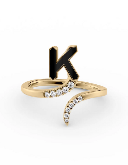 Black K 14K Yellow Gold Initial Letter Dainty Ring